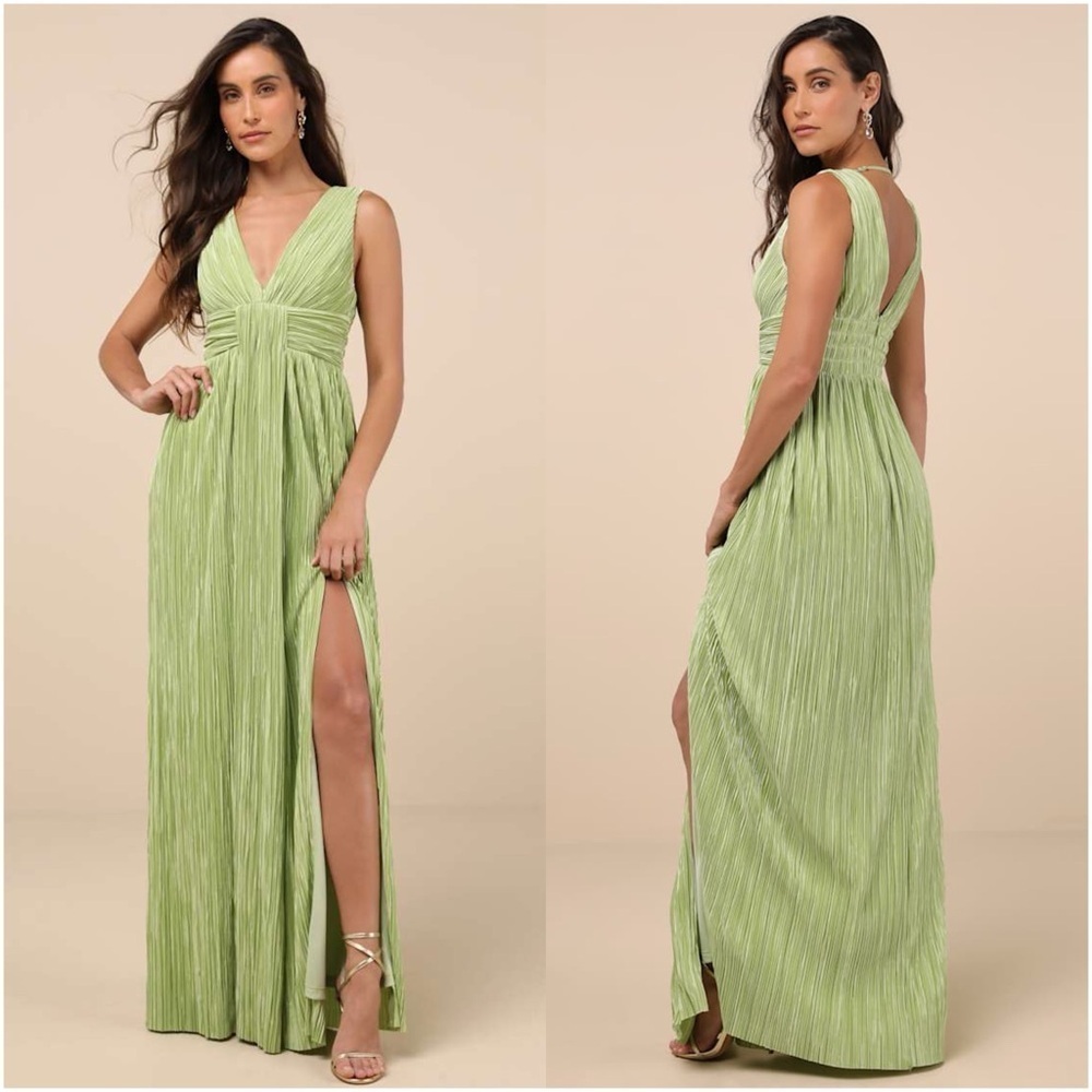 LULU’S Melitta Lime Green Plisse Sash Maxi Dress